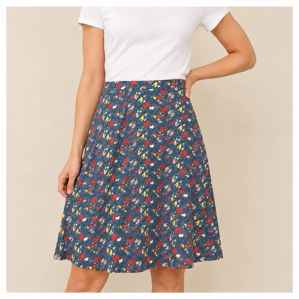 Boden Women Skater Skirt Size 10 Blue Floral Heart Print Stretch Pull On Viscose
